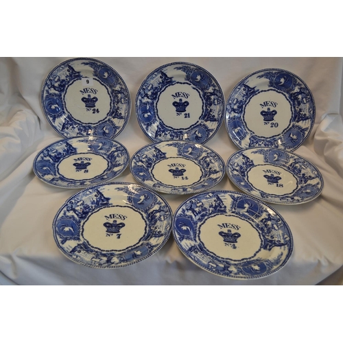 9 - EIGHT 19TH CENTURY ROYAL NAVY BLUE AND WHITE TRANSFER PRINTED MESS PLATES WITH ROPE TWIST RIMS, 3 PO... 