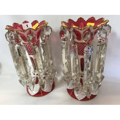 1 - PAIR OF VICTORIAN BOHEMIAN CUT GLASS CRANBERRY LUSTRES, OVERLAID WHITE AND GILT DECORATION, TRUMPET ... 