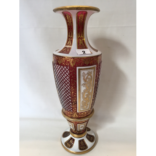 2 - VICTORIAN BOHEMIAN CRANBERRY CUT GLASS VASE, WHITE AND GILT DECORATION WITH CROSS HATCH AND ACANTHUS... 