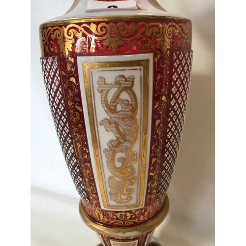 2 - VICTORIAN BOHEMIAN CRANBERRY CUT GLASS VASE, WHITE AND GILT DECORATION WITH CROSS HATCH AND ACANTHUS... 