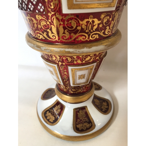 2 - VICTORIAN BOHEMIAN CRANBERRY CUT GLASS VASE, WHITE AND GILT DECORATION WITH CROSS HATCH AND ACANTHUS... 