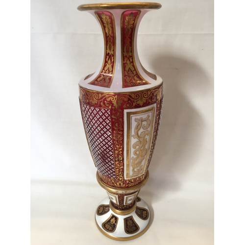 2 - VICTORIAN BOHEMIAN CRANBERRY CUT GLASS VASE, WHITE AND GILT DECORATION WITH CROSS HATCH AND ACANTHUS... 