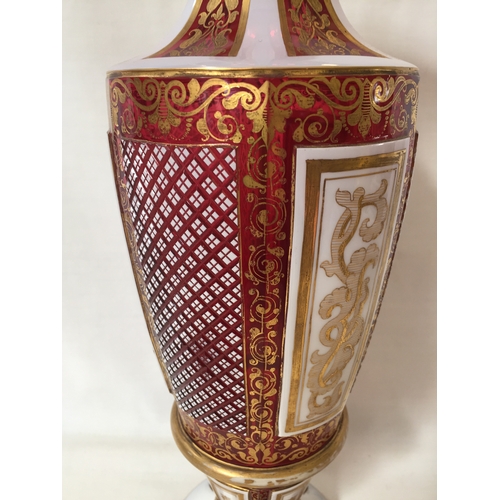 2 - VICTORIAN BOHEMIAN CRANBERRY CUT GLASS VASE, WHITE AND GILT DECORATION WITH CROSS HATCH AND ACANTHUS... 