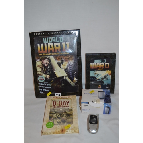 517 - SAMSUNG GT-E1150I MOBILE FLIP PHONE, WORLD WAR II DVD, MAGAZINE AND LONGEST DAY DVD