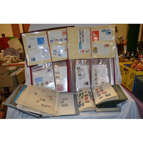 521 - 4 ALBUMS OF 1ST DAY COVERS AND QUANTITY OF STAMP ALBUMS AND STAMPS