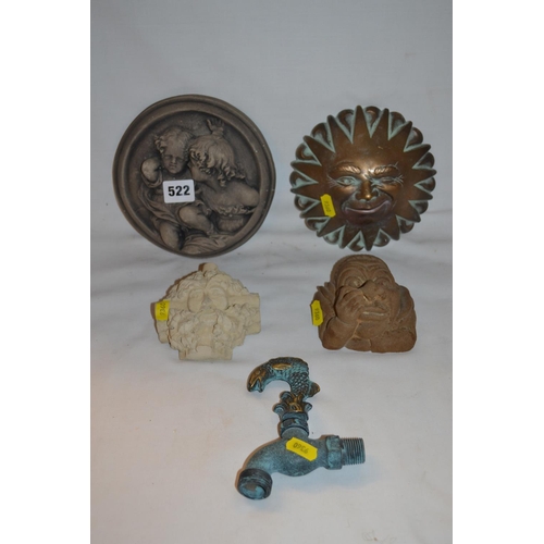 522 - 4 VARIOUS WALL PLAQUES AND WATER TAP WITH FISH HANDLE