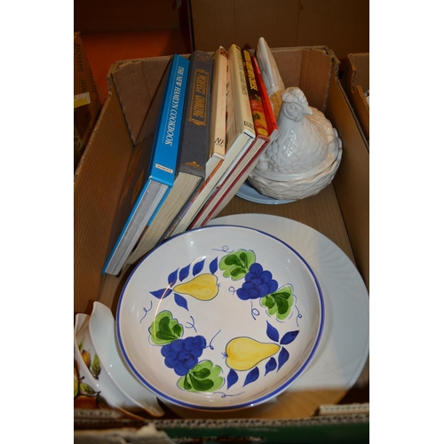 528 - CHICKEN EGG BASKET, CERAMIC BOWL, PLATE AND COOKERY BOOKS