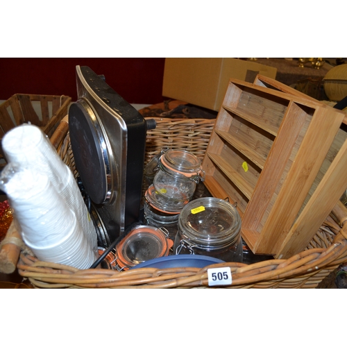 504 - BASKET OF 9 KILNER JARS, 2 CUTLERY TRAYS AND 2 RING ELECTRIC HOB