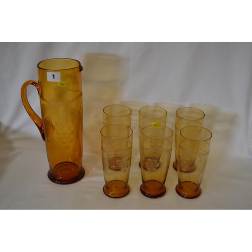 1 - ART DECO AMBER GLASS LEMONADE SET WITH ETCHED GRAPE AND VINE DECORATION COMPRISING WATER JUG AND 6 T... 