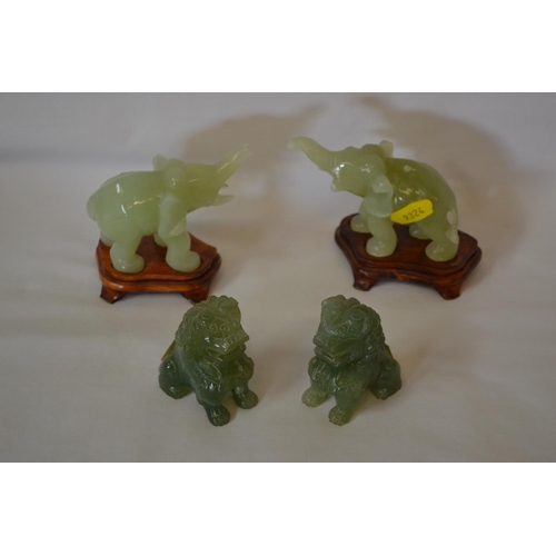 10 - PAIR OF CARVED JADE DOGS OF FOO (6CM) AND PAIR OF CARVED JADE RAMPANT ELEPHANTS (A/F)