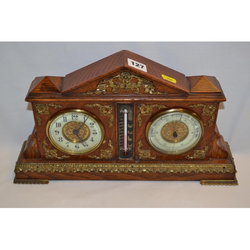 127 - VICTORIAN OAK MANTEL CLOCK / BAROMETER / THERMOMETER IN ARCHED OAK CASE WITH  BRASS MOUNTS AND BRACK... 