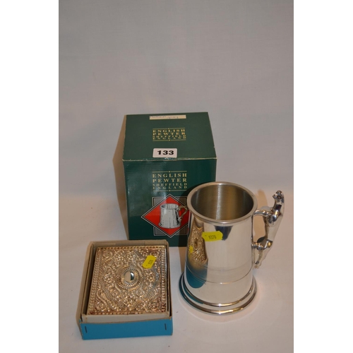 133 - ENGLISH PEWTER TANKARD WITH JAGUAR HANDLE AND CIGARETTE BOX