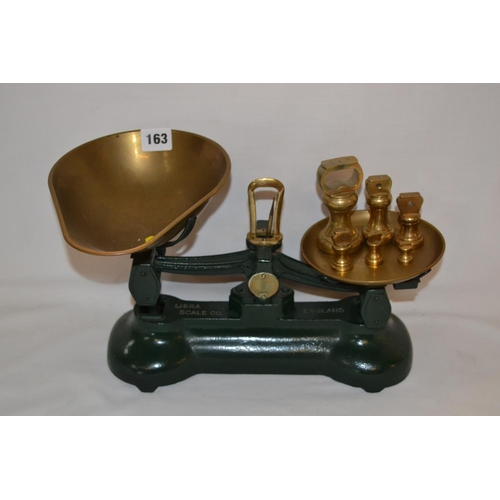 163 - SET OF LIBRA KITCHEN SCALES WITH BRASS PANS AND GRADUATED SET OF 6 BELL WEIGHTS