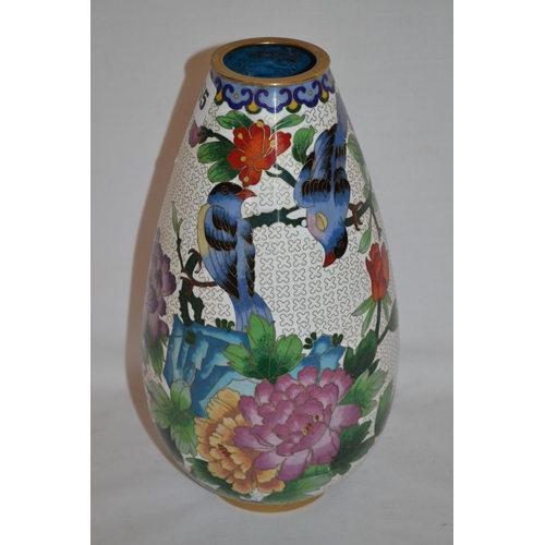 165 - OVOID SHAPED ORIENTAL CLOISONNE VASE DECORATED PEONIES AND BIRDS (25CM)