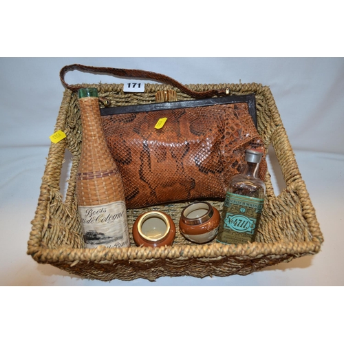 171 - VINTAGE SNAKESKIN HANDBAG AND PURSE, PAIR OF STONEWARE SALTS WITH SILVER PLATED RIMS, ETC