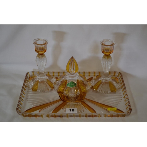 18 - ART DECO AMBER FLASH GLASS DRESSING TABLE SET COMPRISING PAIR OF CANDLESTICKS, POWDER BOWL AND TRAY