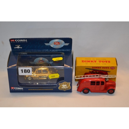 180 - DINKY 250 STREAMLINED FIRE ENGINE AND CORGI GOLD PLATED MORRIS MINOR BOTH IN ORIGINAL BOXES