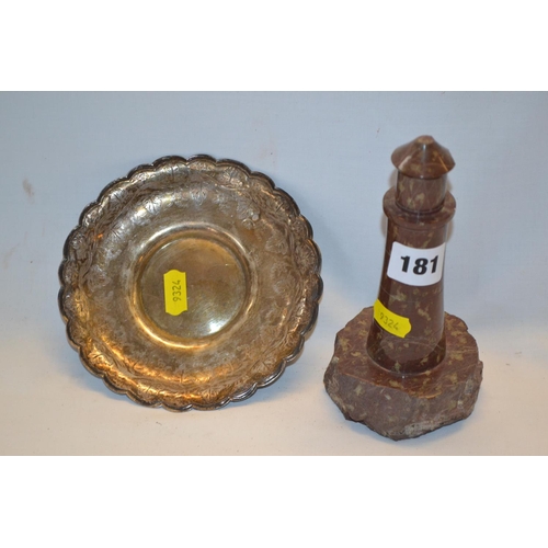 181 - CORNISH SERPENTINE STONE LIGHTHOUSE AND ENGRAVED BRASS DISH