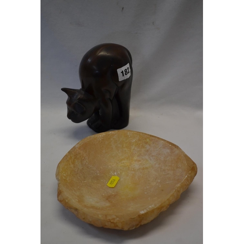 182 - RESIN CAT AND SOAPSTONE DISH