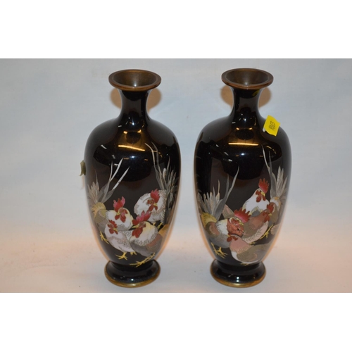 193 - PAIR OF BACK CLOISONNE OVIFORM VASES DECORATED POULTRY (18CM) (SLIGHT MARK ON ONE SHOULDER); A/F