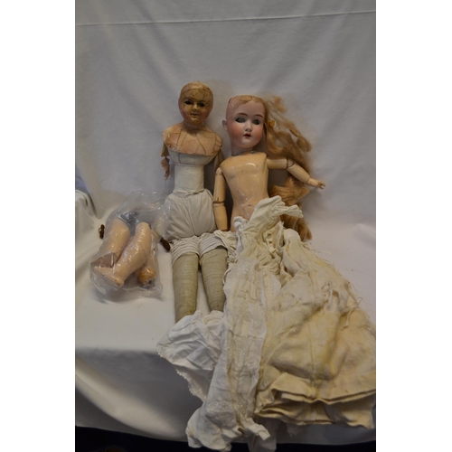 195 - LATE GEORGIAN WAX HEAD DOLL WITH GLASS EYES AND GERMAN BISQUE HEAD DOLL THE DOLLAR PRINCESS 62 (BOTH... 