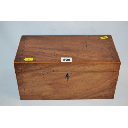 196 - REGENCY MAHOGANY TEA CADDY WITH FRUITWOOD STRINGING, FITTED 2 CONTAINERS AND CENTRAL CUT GLASS BOWL,... 