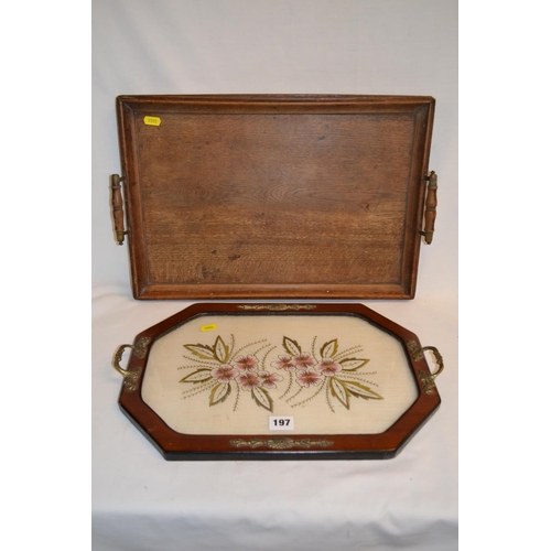 197 - 19TH CENTURY RECTANGULAR OAK TRAY WITH RAISED RIM AND 2 HANDLES AND SHAPED MAHOGANY TRAY WITH TAPEST... 