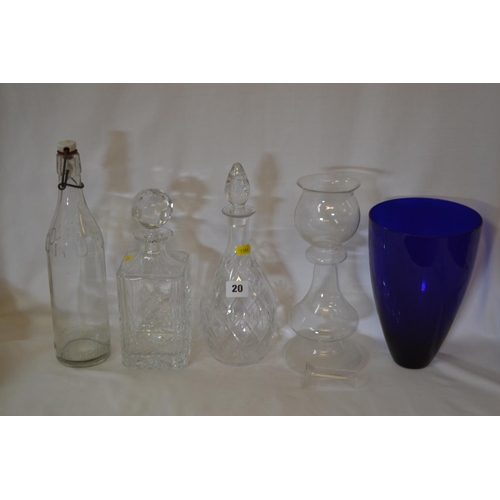 20 - SQUARE CUT GLASS SPIRIT DECANTER, PORT DECANTER, BRISTOL BLUE GLASS VASE, BOTTLE AND VASE