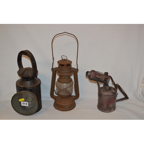 212 - LNER LOCO RAILWAY LAMP WITH BRASS LABEL G.T. BRUCE, NEW ENGLAND LOGO, OLD BLOW LAMP AND HURRICANE LA... 