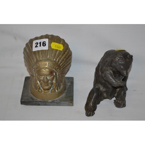 216 - BRASS AMERICAN INDIAN CHIEF BUST DOORSTOP AND METAL BEAR