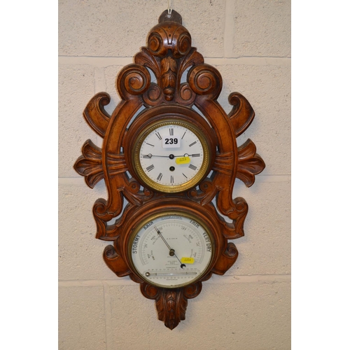 239 - LATE VICTORIAN CARVED WALNUT WALL CLOCK / BAROMETER / THERMOMETER BY H.C. CAIN, HALIFAX