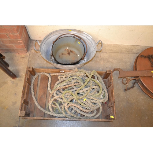 240 - VINTAGE 2 HANDLED GALVANISED BATH, ENAMEL COOKING POT, APPLE CRATE AND ROPE