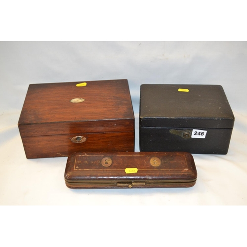 246 - 19TH CENTURY LEATHER AND BRASS FAN CASE, LEATHER BOX AND ROSEWOOD BOX