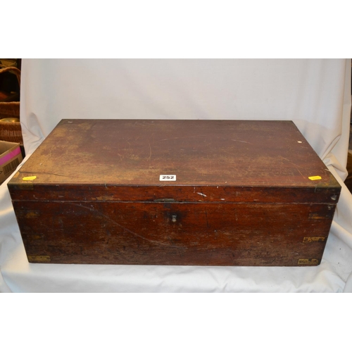 252 - 19TH CENTURY MAHOGANY BRASS BOUND WRITING SLOPE WITH BRASS HANDLES, FITTED INTERIOR, SECRET DRAWERS ... 