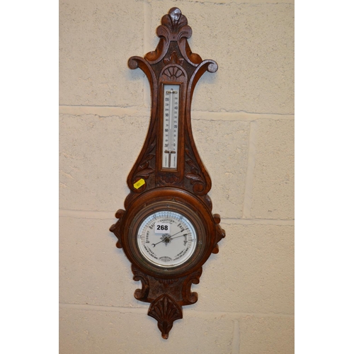 268 - VICTORIAN CARVED OAK ANEROID WHEEL BAROMETER / THERMOMETER