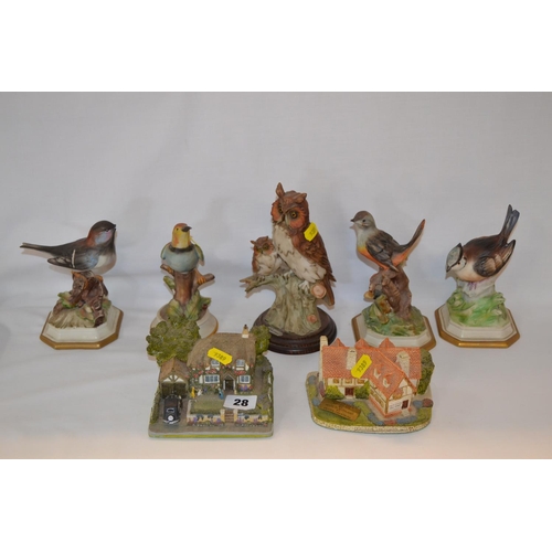 28 - 5 VARIOUS CAPODIMONTE PORCELAIN BIRDS (2 A/F) AND 2 COTTAGES