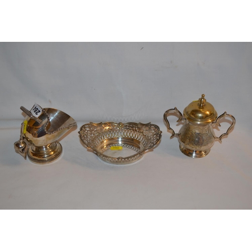 284 - SILVER PLATED PIERCED BASKET, 2 HANDLED CUP AND COVER AND SUGAR HELMET