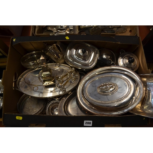 288 - GEORGIAN STYLE SILVER PLATED TEAPOT, ENTREE DISH, GRAVY BOATS AND QUANTITY OF SILVER PLATED WARE