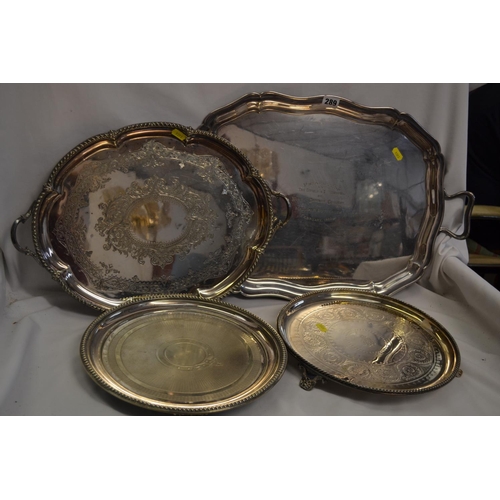 289 - SILVER PLATED 2 HANDLED PRESENTATION TRAY, SILVER PLATED ELKINGTON SILVER PLATED CIRCULAR TRAY AND E... 