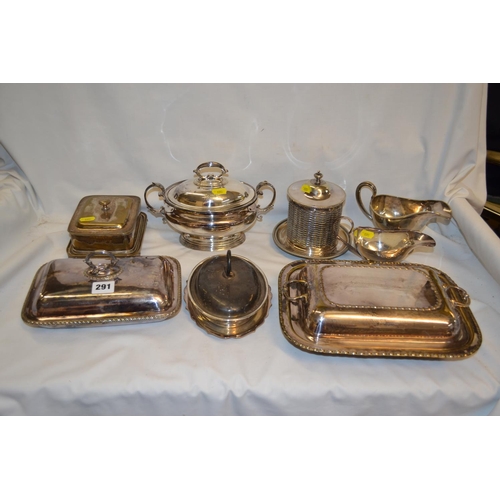 291 - 3 SILVER PLATED TUREENS, SARDINE DISH, 2 HANDLED SAUCE TUREEN, 2 GRAVY BOATS AND PRESERVE STAND