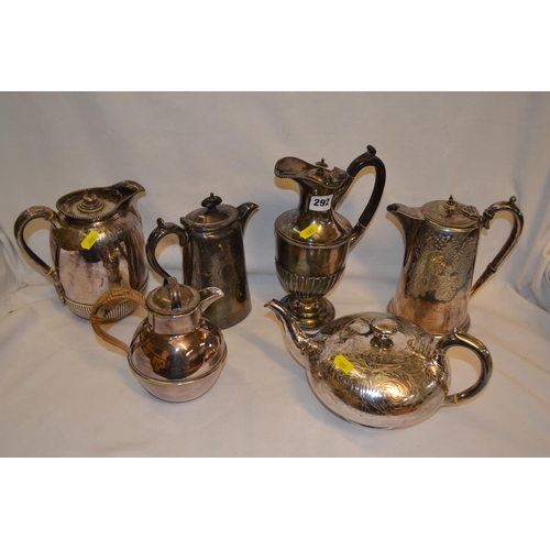 292 - FOUR SILVER PLATED HOT WATER JUGS, BULBOUS SILVER PLATED TEAPOT AND JERSEY MILK JUG