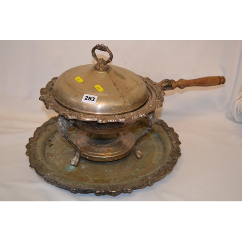 293 - CIRCULAR 19TH CENTURY SOUP TUREEN WITH LID ON STAND WITH BURNER AND TRAY