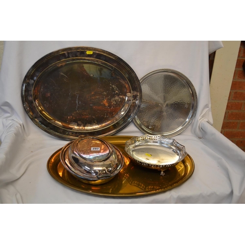 297 - ELKINGTON OVAL SILVER PLATED TRAY WITH RAISED RIM, BRASS OVAL TRAY, SILVER PLATED TUREEN, CIRCULAR T... 