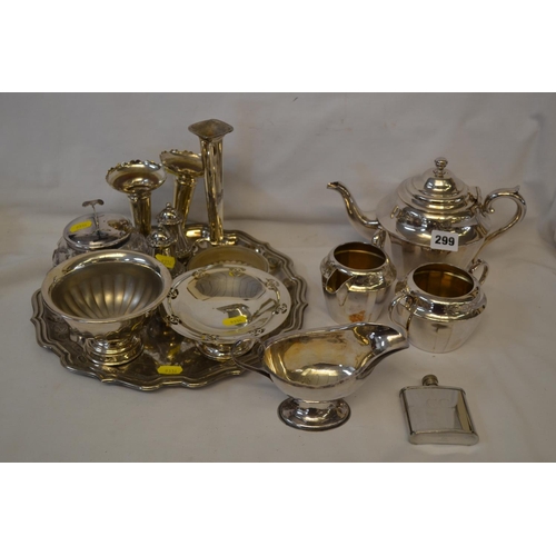 299 - ENGRAVED SILVER PLATED 3 PIECE TEA SERVICE, TRAY, VASES, HIP FLASK, SALT AND PEPPER POTS, SUGAR BOWL... 