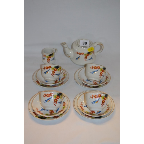 30 - ENGLISH VINTAGE CHILDS CHINA TEA SERVICE BLUE BIRD DESIGN (15 PIECES) (1 PLATE CHIPPED)