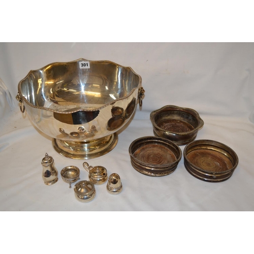 300 - SILVER PLATED PUNCH BOWL WITH SHAPED GADROONED RIM, LION MASK RING HANDLES, THREE 19TH CENTURY COAST... 