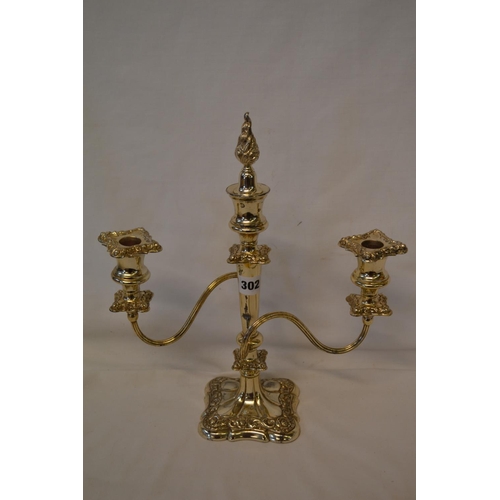 301 - SILVER PLATED 2 BRANCH 3 LIGHT CANDELABRA WITH FLAMBEAU FINIAL