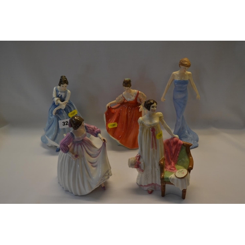 32 - 5 ROYAL DOULTON BONE CHINA FIGURINES DIANA, FAIR LADY, LORRAINE, ASHLEY AND EMMA