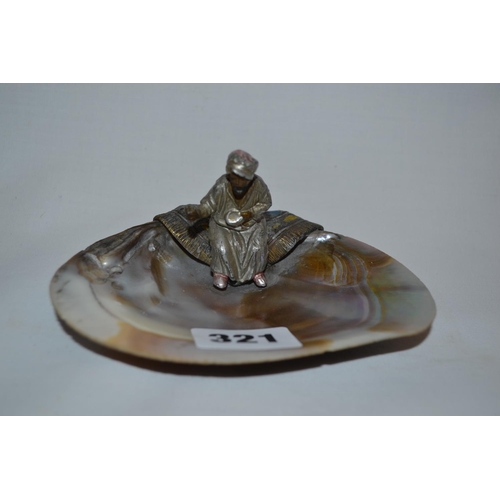 321 - MOTHER-OF-PEARL SHELL / DISH WITH COLD METAL FIGURE SEATED ON SIDE