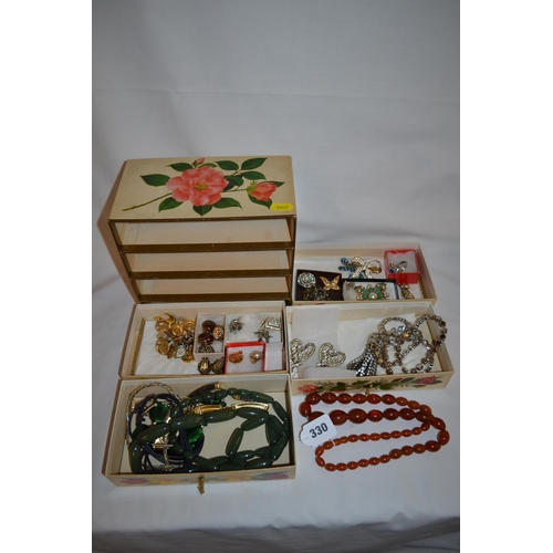 330 - 4 DRAWER JEWELLERY BOX WITH COSTUME JEWELLERY, NECKLACES, ETC